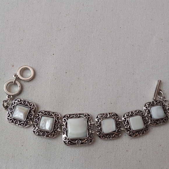 Jewelry - Silver Tone Costume Statement Bracelet With White Tile Stones
